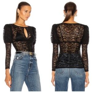 SMYTHE Juliet Black Sheer Lace Keyhole Top Puff Sleeve Sz Small